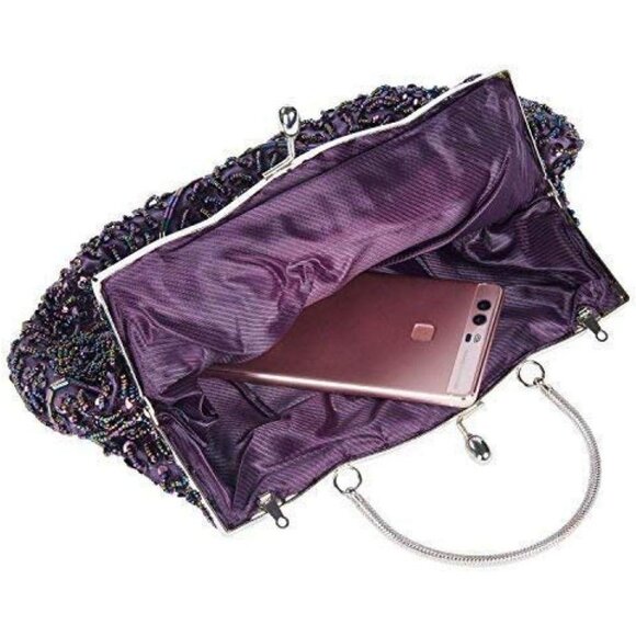 BEADED Sequin Flower Clutch Bag Purple - Picture 6 of 7